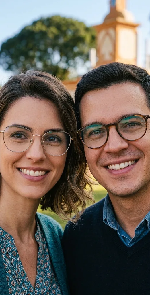 Casal sorrindo, os dois de óculos, na praça de Piracaia